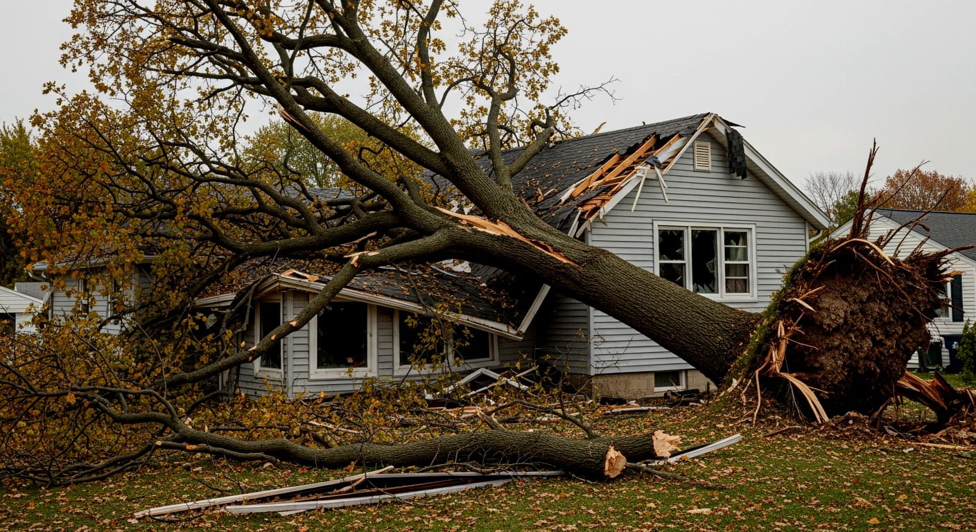 Large tree fallen onto a house roof after a storm