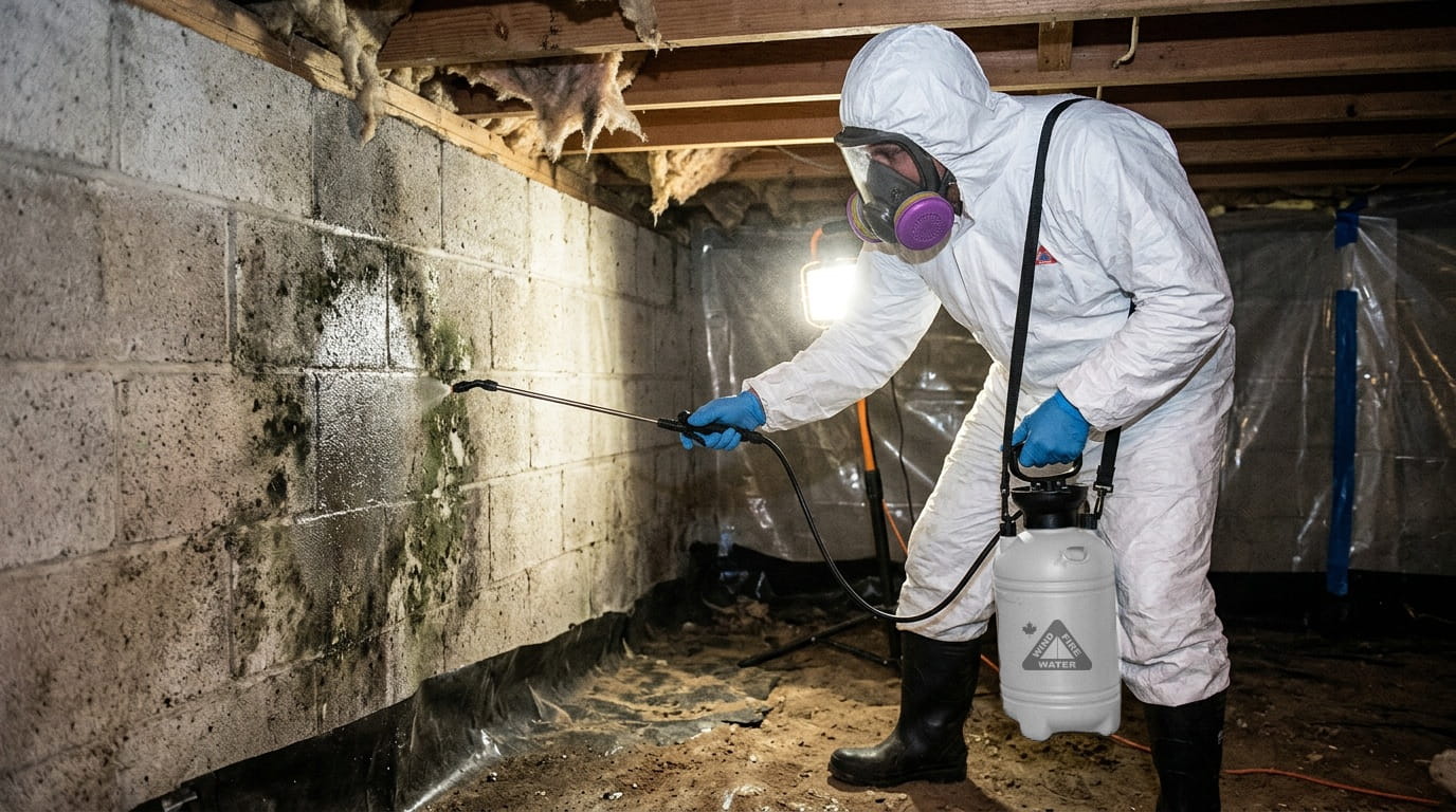 Technician in a protective suit treating mould on a basement foundation wall